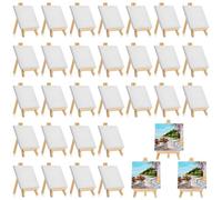 32 Mini Canvas and Easel Sets for Adults, 10 x 10 cm, Primed Canvases | Pre-Stretched Blank Art Boards with Foldable Wooden Stands for Acrylic and Oil Painting, Workshops and Tabletop Display