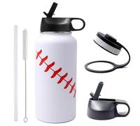 32 oz Baseball Water Bottle, Stainless Steel Vacuum Insulated Water Bottle with Straw and 2 Lids, Double Wall Leakproof Sports Flask, Baseball Gifts for Boys, Men, Mom, Coach