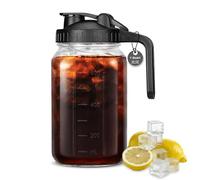 32 oz Glass Mason Jar Pitcher with Pour Spout & Handle, Wide Mouth Leak-Proof Jug for Cold Brew Coffee, Iced Tea, Juice, Lemonade, Sun Tea, Fruit Drinks, Airtight Lid for Fridge Storage (1 Quart)