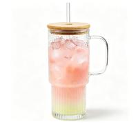 32 oz Glass Tumblers with Handle, Glass Cup with Bamboo Lid & Straw