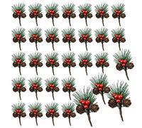 32 Pack Christmas Artificial Red Berry,WideSmart Pine Tree Pine Picks Christmas Artificial Pine Needles Red Berries Pine Cones Branches Holly Pine Wreaths Christmas Crafts Party Festive Home Decor