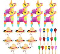 32 Pack Mexican Fiesta Decorations Including 8 Pcs Mexican Mini Sombrero Hats 8 Pcs Mini Donkey Pinata with 16 Pcs Wooden Fiesta Maracas for Kids Adluts Mexican Festival Party Decor Luau Photo Prop