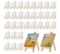 32 Pack Mini Canvas and Easel, Mini Painting Canvas Bulk for Kids, 10 x 10 cm Blank Art Board with Wooden Easels, Pre-Stretched and Primed Canva for Artists Art Party Table Decoration