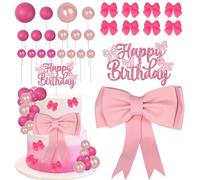 32 Pack Oversized Bow Pink Bow Cake Topper Glitter Coquette Happy Birthday Foam Ball Cake Pick EVA Foam Bowknot Decorations for Girls Women Birthday Theme Baby Shower Kids Party Supplies