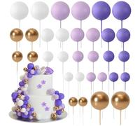 32 PCS Ball Cake Topper Decorations Kit, Mini Foam Balloons, Cake Picks, Decorative Sticks for Wedding, Birthday Party Decorating, Reusable Decor Supplies with Colorful Balls, Purple, White, Gold