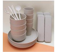 32-Pcs Camping Mess Kit for 4 People Hiking Picnic Outdoor Microwave Oven Dishwasher Use Safe Kitchen Dinnerware Sets Reusable Unbreakable Eating Utensils(Beige)