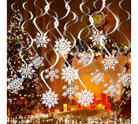 32 Pcs, Christmas Ceiling Decorations, Silver and White Snowflake Hanging Ornaments, Winter Wonderland Party Decor, 14 cm Diameter Foil Snowflakes for Festive Celebrations