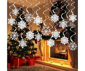 32 PCS Christmas Ceiling Decorations - White & Silver Hanging Snowflakes with Spiral Ornaments | Reusable Foil Christmas Decor for Indoor Outdoor Xmas Tree, Winter Party