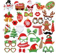 32 PCS Christmas Photo Booth Props, Christmas Party Decorations Selfie Props & Picture Frame for Family Photos, Fun Santa Claus Snowman Fancy Eyeglasses Photo Booth Accessories for Holiday Party Games
