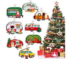 32 Pcs Christmas Tree Ornaments Set Happy Campers Caravan Christmas Wood Ornament Vintage Santa Camper Red and White Happy Camper RV Trailer Hanging Ornament for Xmas Tree Fireplace Decor