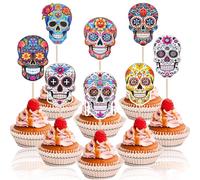 32 Pcs Day of the Dead Cupcake Toppers - Sugar Skull Cake Decorations with Colorful Floral Designs - Fiesta Cupcake Picks for Día de los Muertos Party, Halloween, or Mexican Theme Celebration