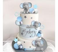 32 Pcs Elephant Cake Decoration with Mini Elephant Blue White Pearl Balls for Baby Shower Boy Elephant Theme Birthday Party Supplies (BLUE)