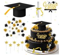 32 Pcs Graduation Cake Kit Includes Felt Graduation Cap Topper with Tassel Firework, Beads, Diploma Cake Topper for 2026 Graduate Party (Black Gold)