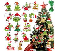 32 PCS Grinch Baubles, Christmas Grinch Decorations, Grinch Xmas Decorations, Grinch Pendants for Hanging on Christmas Tree, Winter Holiday Party Supplies(Comes with Ribbons and Glue Needles)