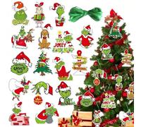 32 Pcs Grinch Tree Decorations - Grinch Christmas Decorations with Cords for Hanging on Christmas Tree, Winter Holiday Party Supplies (with Lanyard)