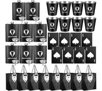 32 Pcs Groomsmen Gifts Set 8 Groomsmen Gift Proposal Bags 8 oz Stainless Steel Tuxedo Hip Flask 8 Gauge Glasses with 8 Poker Card Beer Bottle Opener Cap for Wedding Bachelor Party Favors