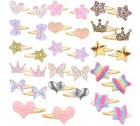 32 Pcs Hair Clips for Girls, Glitter Metal Snap Barrettes, Multicolor Shaped Hair Accessories for Little Girl, Flower Star Crown Heart Butterfly Shaped Styling Accessories
