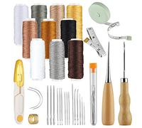 32 Pcs Leather Craft Sewing Tools Kit, Upholstery Repair, DIY Leather Hand Stitching, Embroidery with Leather Waxed Thread Leather Needles Drilling Awl for Sewing Leather and Canvas