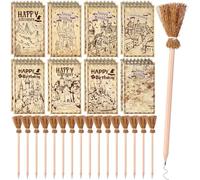 32 Pcs Magical Wizard Notepads Set Happy Birthday Spiral Notebooks and Witch Broom Pencils Castle Small Pocket Journal Goodie Bag Stuffer for Wizard Party Favors Halloween School Classroom Supplies