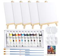 32 Pcs Mini Canvas and Easel Set, Canvas Painting Set Includes 20x20cm Canva for Painting, Artist Easel, Palettes, Paintbrushes and Acrylic Paint for Oil Painting, Watercolour