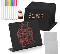 32 Pcs Mini Chalkboard Signs with 8 Marker Pen + 2 Cloth, L-Shaped PVC Mini Chalk Boards for Food Labels for Buffet, Wedding & Party Decor, Price Tags for Display