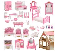 32 Pcs Pink Dolls House Furniture Set, Miniature 1:12 Scale Wooden Dollhouse Accessories with Kitchen, Bedroom, Living Room & Bathroom - Realistic Pretend Play Toy for Kids, Children's Playhouse