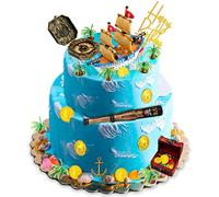 32 Pcs Pirate Ship Cake Topper Nautical Sailboat Model Decoration Set Gold Coins and Pirate Gems Kids Telescope Pirate Treasure Chest Compass Mini Palm Tree for Kids Pirate Birthday Party Supplies
