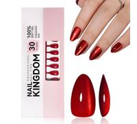 32 Pcs Red Cat Eye Press on Nails Almond Shape | 16 Sizes Cat Eye Glitter Short Fake Nails | Manicure Kit with Glue & Jelly Tabs | Nail File Included, Long Lasting & Natural like Real Nails