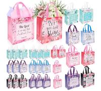 32 Pcs Religious Gifts Bags with Handles,Medium Reusable Inspirational Tote,9" Flower Printed Bags for Presents, Birthday, Anniversary, Shopping, Wedding Party Supplies,8.6×4.3×9in