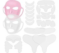 32 Pcs Reusable Silicone Face Mask & Anti-wrinkle Patch Set, Face Mask Cover Holder with Neck Chest Forehead Eye Mouth Wrinkle Patches, Smoothing Overnight for Women (Clear,Pink)