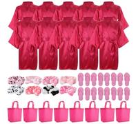 32 Pcs Spa Party Supplies, Including 8 Satin Kimono Robes, 8 Spa Headbands, 8 Disposable Foam Slippers, and 8 Tote Bags for Salon, Pedicure, Sleepover Party Favors