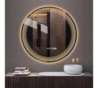 32" RoundBathroomMirrorLightedWallMountedVanityMirrorwithHumanBodyInductionAntiFog3ColorTemperaturesTime&TemperatureDisplayEasyInstallation24inch/60cm
