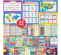 32 Set of 59 Educational Posters for Kids - Alphabet Chart, Periodic Table, USA, World Map, Multiplication Charts, Science Posters, Division Chart, Calendar, Sight Words, Homeschool Supplies - 17x11