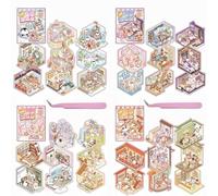 32 Sets DIY 3D Stickers Scene,3D Mini House Stickers Book Set for Adults with Tweezers Make Your Own Room Cute Fantasy Book Sticker Scene Therapy for Adults Relief Stress Pass The Time Gift