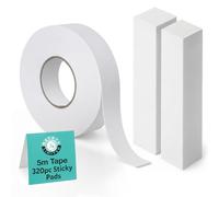 320 Double Sided Sticky Pads and 4m Foam Tape Roll - Strong Adhesive White Foam Pads, Ideal for Permanent and Temporary Fixings in Homes, Offices, Car Dashboards and Arts & Craft Projects