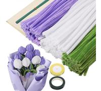 320 Pieces Chenille Wire Kit with Cure Pipe 30 cm Flower and Ribbon Stem - Flexible for Tulips - Purple, White, Green