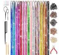 3200Pcs Hair Tinsel Kit with Tools, 16 Colours Sparkling Strands, 48 Inch Length Glitter Fairy Tinsel Hair Extensions, Heat Resistant Hairs Accessories for Women & Girls Halloween Christmas Party