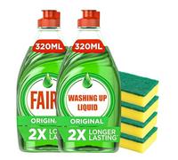 320ML Original Washing Up Liquid 2 Pack Green with 4 x Scourer Sponges - for Kitchen Grease Cutting Dishwasher Liquid Cleaning with Long-Lasting Fresh Scent - Gentle on Hands