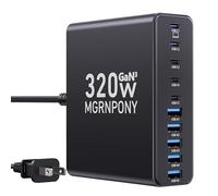 320W USB C Charger Block, MGRNPONY 10-Port GaN USB C Charging Station Black