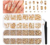 3220Pcs Champagne Gold Nail Rhinestones 120Pcs Multi Shapes Flatback Gems Charms Crystal+3100Pcs 1.5-4mm Round Beads, Glass Diamond Gemstones for Bedazzling Acrylic Nails Decoration