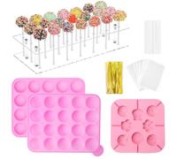 323 PCS Cake Pop Maker Kit, Cake Pop Baking Mold with 1 Acrylic Lollipop Holder,1 Silicone Mold Set,100 Pcs Clear Bags,120 Pcs Treat Sticks,100 Pcs Gold Bow Ties (There is a Lollipop Stand)
