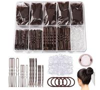 328 Pcs Hair Pins & Bobby Pins Set - 104 U Shaped Hair Pins, 104 Bobby Hair Grips, 100 Clear Elastic Hair Bands, 15 Bun Nets, 5 Scrunchies, Brown Bun Kit Brown Bun Kit with Box