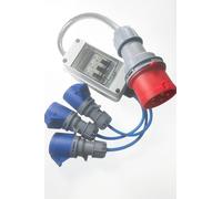 32A 5 Pin 3 Phase Splitter Box To 3 x 16A 3 Pin Single Phase Sockets - IP65 Waterproof ABS Enclosure With MCB Protection - IEC 60309 Industrial Power Distribution - PAT Tested