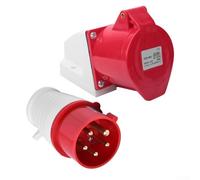 32A 5 Pin 415V Industrial Wall Mounted Inlet and Socket Set, IP44 Waterproof 3 Phase, Red Flame-Retardant Housing for Outdoor Agriculture Construction
