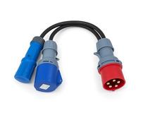 32A 5 Pin to 32A &16A 3 Pin 3 Phase to single Phase Splitter Lead IEC 60309 415V 0.5m Tails H07RN-F Heavy Duty Rubber Tails - Industrial 3P+N+E Splitter Adapter - IP44 - PAT Tested