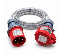 32A 5 Pin to 32A 4 Pin 415V 1M 3 Phase Industrial Adaptor Lead - 3P+N+E to 3P+E, SY Steel Wire Braided Cable, CE Marked IEC 60309 Connectors, IP44, (1 Metre)