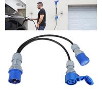 32A Plug to 2 x 16A Sockets, 2 Way Heavy Duty Power Splitter Caravan Hook Up Cable, Electric Caravan Adapter Converter Lead Camping Electric Hook Up Cable IP44 Splitter Socket, 0.5M Black Cable