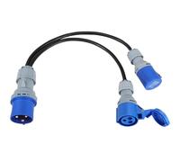 32A Plug to 2 x 16A Sockets, 2 Way Power Splitter Distributor Generator, Caravan Hook Up Converter Cable, Electric Caravan Plug Adapter, 32amp Socket &16amp Plug, IP44, 0.5M Black Cable