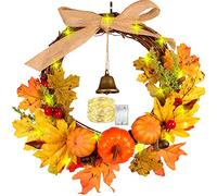 32CM Artificial Autumn Fall Wreath with LED Light Maple Leaf Harvest Pumpkins Bells Acorn Berries Front Door Hanging Wreath for Thanksgivings Halloween Home Decoration (Color 2)