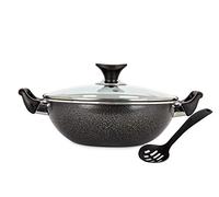 32cm Black Non Stick Cooking Aluminium Wok Deep Frying Pan Dual Handle Glass Lid with Ladle - Induction Compatible